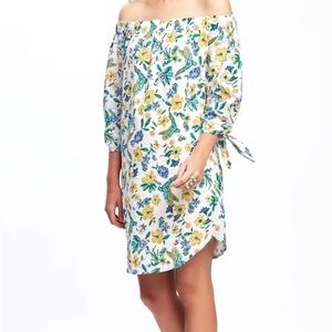 Old Navy Women's Small Shift Dress Tropical Floral Bird Off Shoulder 3/4 Sleeve